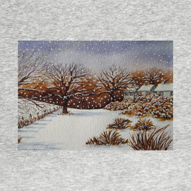 painting of snow snow covered trees and cottages winter snow scene by pollywolly